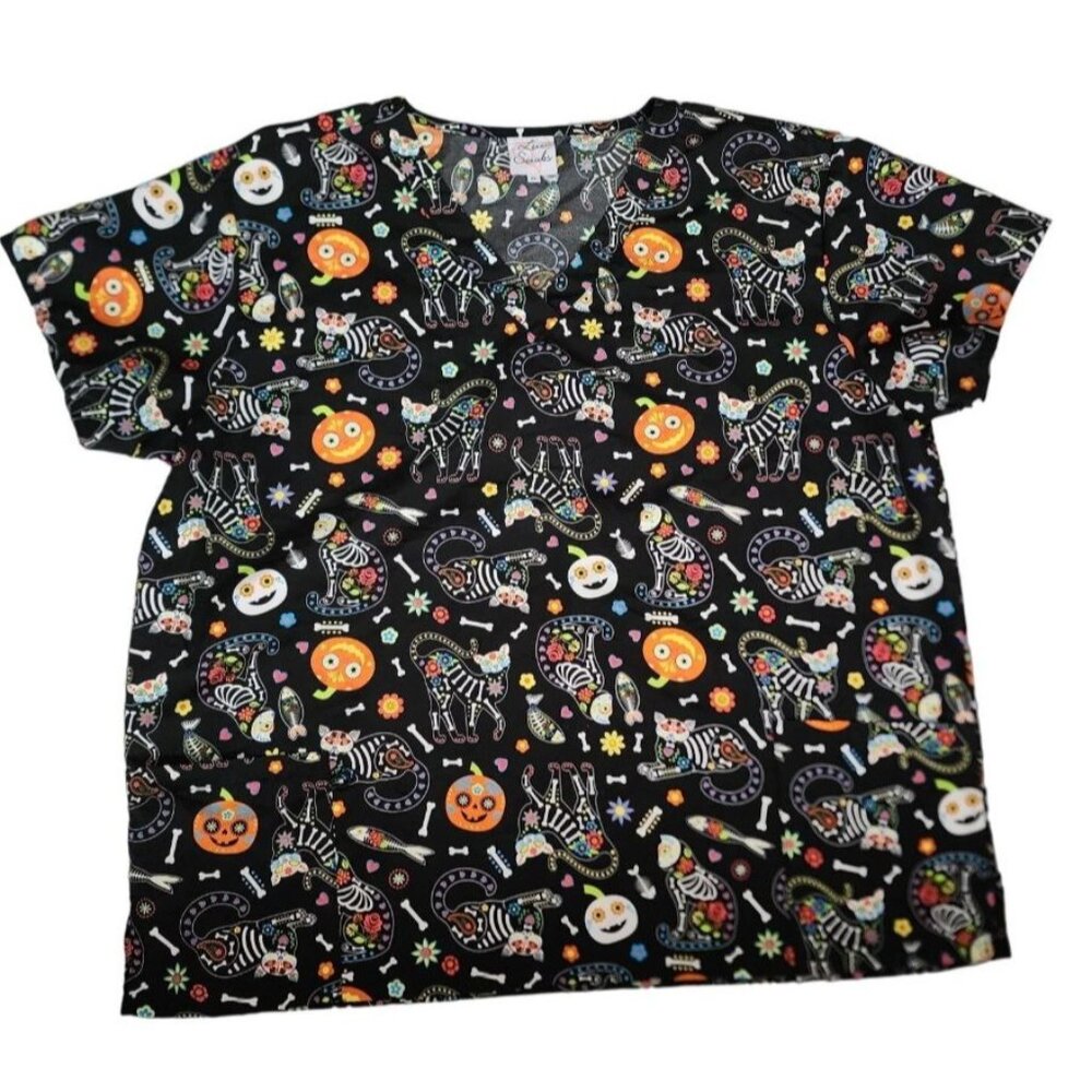 Luv Scrubs Women's Halloween Cartoon Print V-Neck Scrub Shirt Top Plus Size 2X - Picture 2 of 11